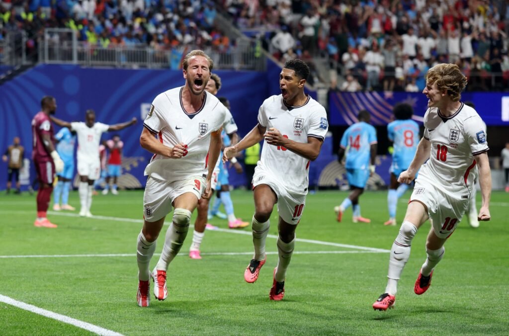 Harry Kane, England vs DR Congo World Cup 2026, Kane brace England DR Congo, Belgium Senegal 3-2 extra time, Tielemans penalty World Cup, Kane 13 World Cup goals, England Belgium Round of 16 2026, Kane passes Pele World Cup goals