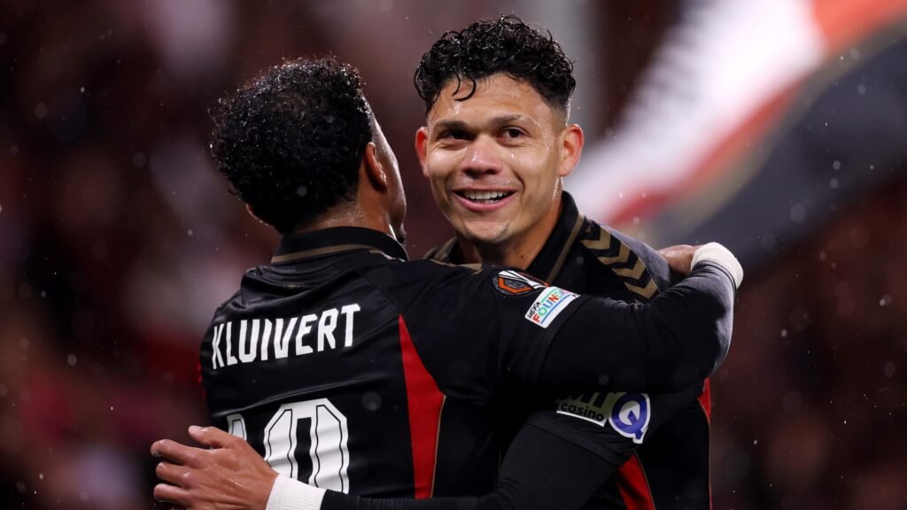 Bournemouth's Justin Kluivert and Evanilson embrace in celebration during the Europa League win over Milan at the Vitality Stadium