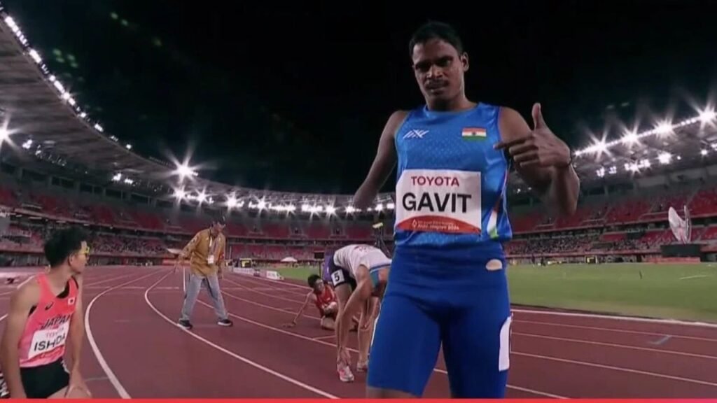 India's Dilip Gavit gives a thumbs-up on the track after the men's 400m T47 final at the Asian Para Games in Nagoya