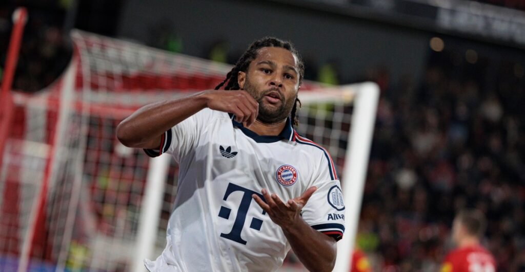 Bayern Munich forward Serge Gnabry celebrating after scoring against Freiburg at the Europa-Park Stadion