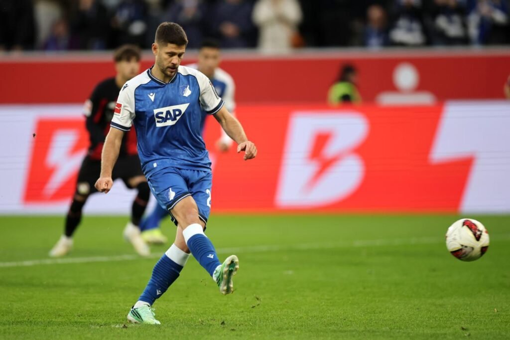 Hoffenheim forward Andrej Kramarić striking a penalty against Bayer Leverkusen in Sinsheim