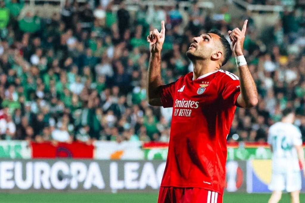 Benfica striker Vangelis Pavlidis points to the sky in celebration during the Europa League win over Omonia in Nicosia