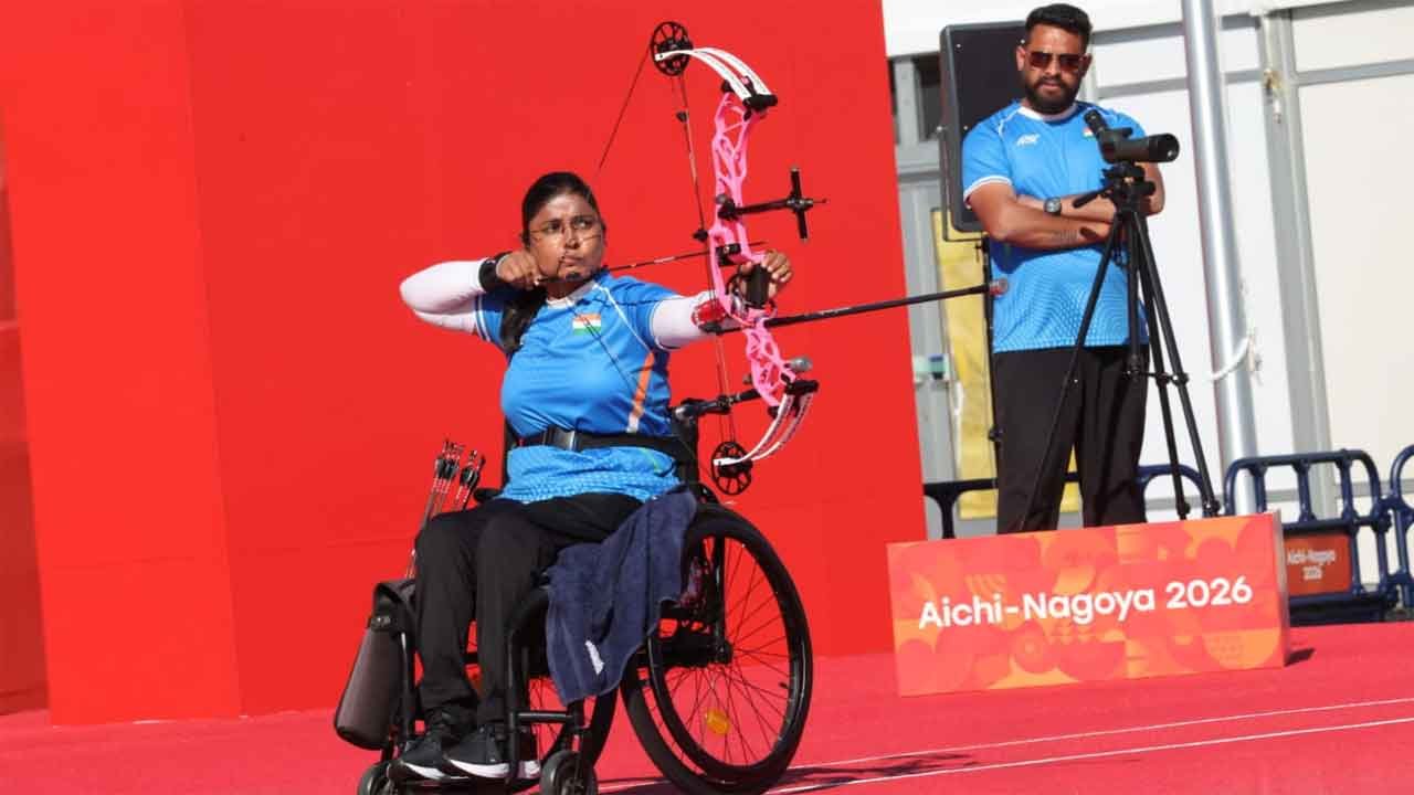 India's Swati Chaudhary drawing her bow from her wheelchair during the women's W1 archery at the Aichi-Nagoya 2026 Asian Para Games